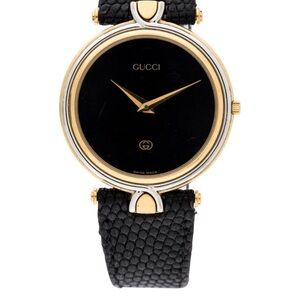 Gucci Black and Gold Round Women's Watch with Textured Strap